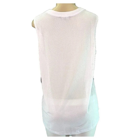 Bebe + 1X White Logo Name Graphic Scoop Neck Mesh Back Step-Hem Muscle Tank Tee - Picture 3 of 5